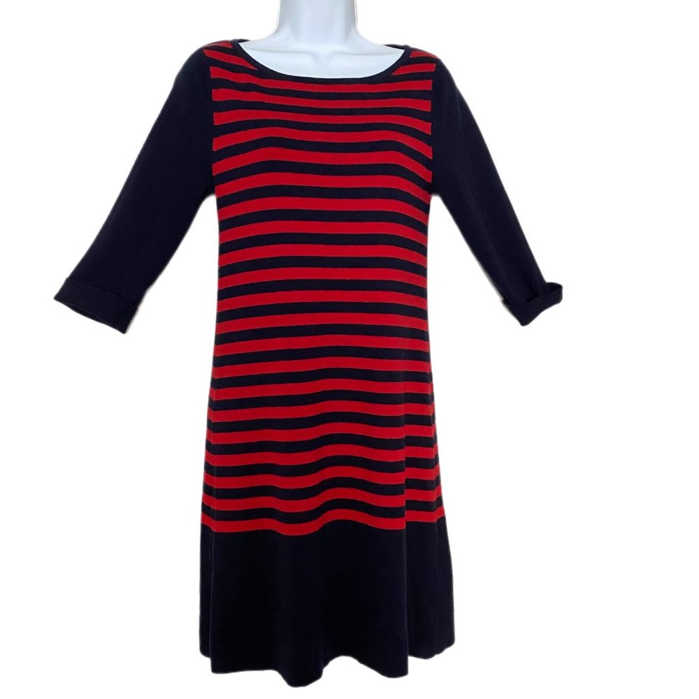Marcs Navy Blue/Red Striped 3/4 Cuff Sleeve Scoop Neck Shift Sweater Dress L